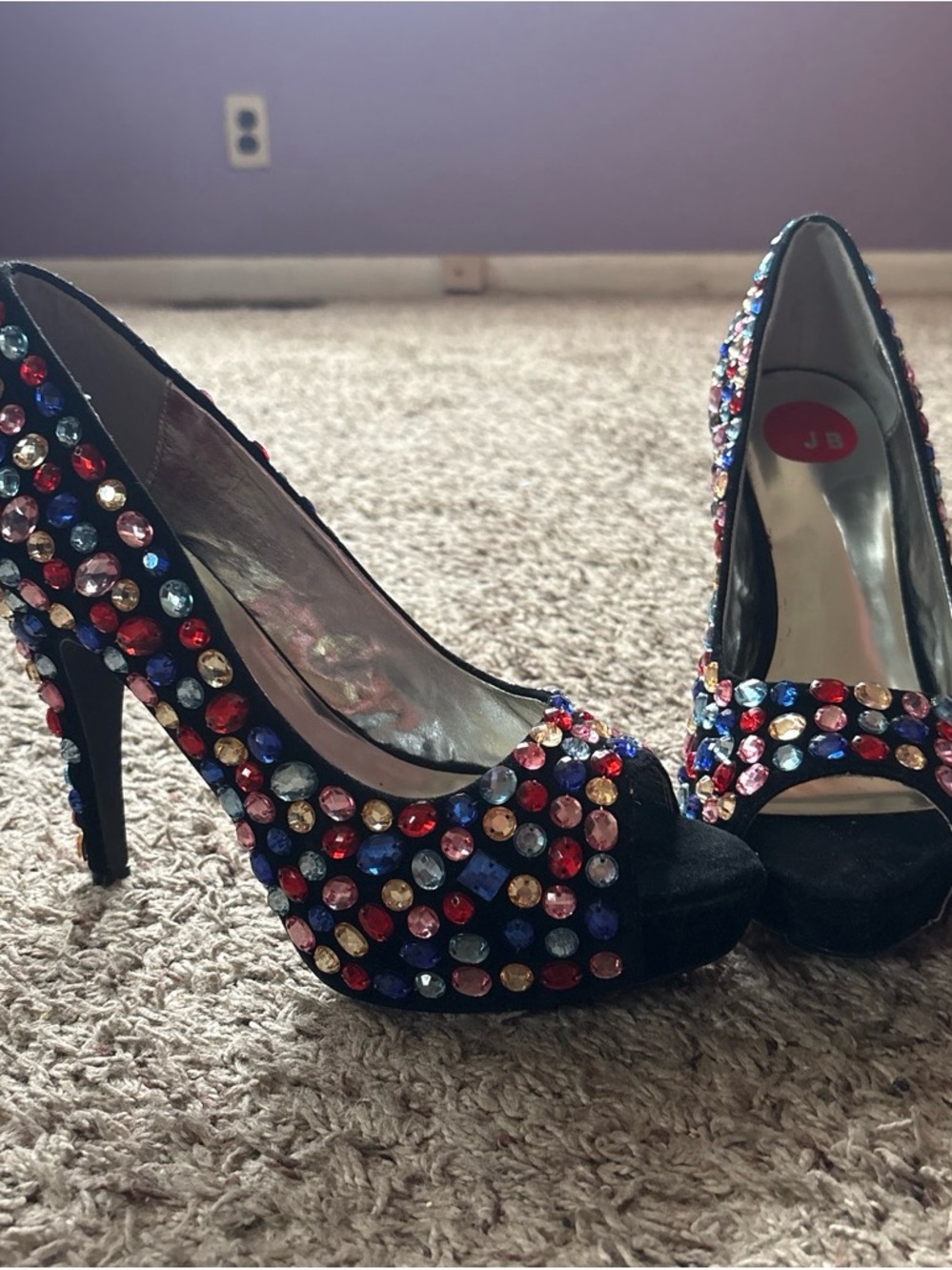 Black Crystal Embellished Peep-Toe Heels